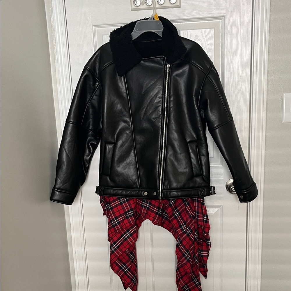 Black Faux Leather Aviator Jacket with Shearling Collar